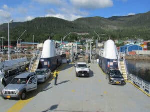 Cars loading onto a ferry.