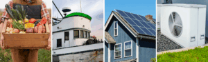 Four pictures. A basket of produce, a ship, a house with solar panels, and a piece of machinery.